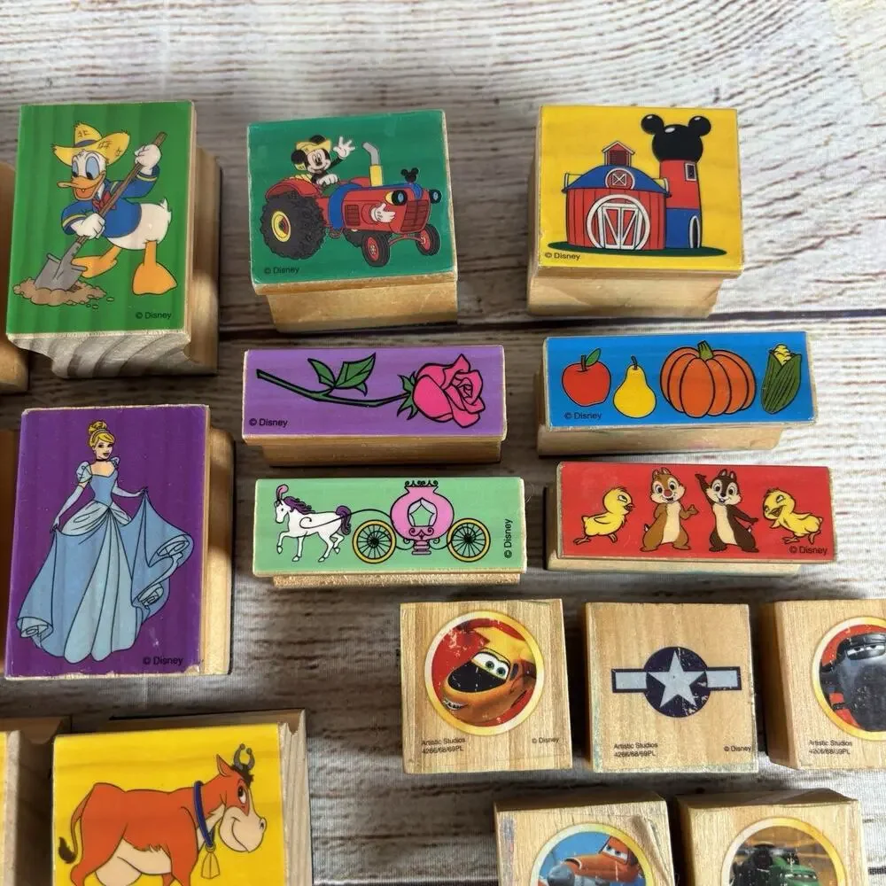 Disney Wooden Rubber Stamp Lot of 23 Mickey Mouse Princess Ariel Planes Craft